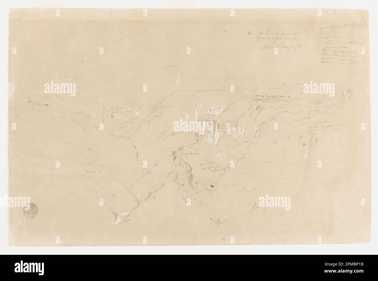 Zeichnen, Landschaft mit Mount Purese, Kolumbien; Frederic Edwin Church (amerikanisch, 1826–1900); Kolumbien; Graphit, Pinsel und oxidierter weißer Gouache auf pufffffffarbenem Papier; Blatt: 30,6 x 46,7 cm (12 1/16 x 18 3/8 Zoll) Stockfoto