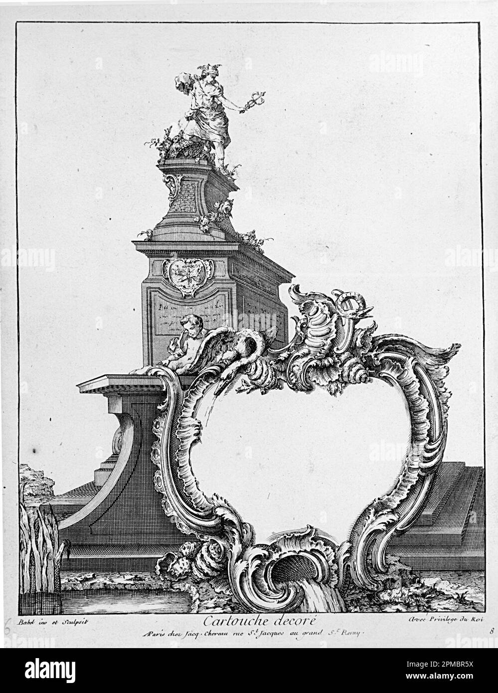 Druck, Cartouche decoré; entworfen von Pierre Edme Babel (Französisch, 1720–1775); Veröffentlicht von Jacques Chéreau (Französisch, 1688–1776); Frankreich; Ätzen auf weißem Laienpapier Stockfoto