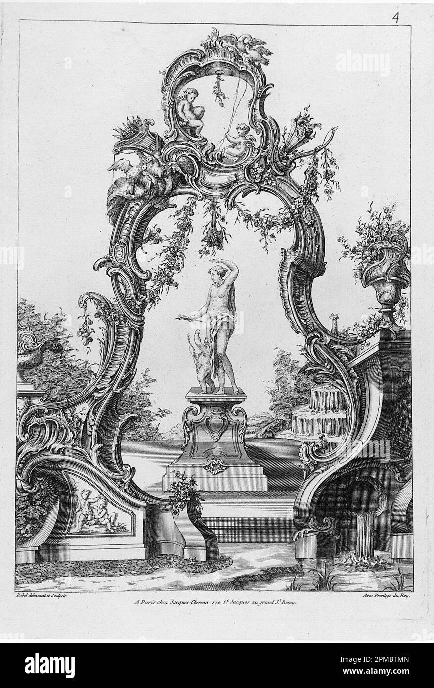 Print, Rocaille Arch und Springbrunnen mit Venus und Amor; entworfen von Pierre Edme Babel (Französisch, 1720–1775); Veröffentlicht von Jacques Chéreau (Französisch, 1688–1776); Frankreich; Gravur auf cremefarbenem Laienpapier; Blatt: 34,4 x 22,6 cm (13 9/16 x 8 7/8 Zoll) Platemark: 28,4 x 19,3 cm (11 3/16 x 7 5/8 Zoll) Stockfoto