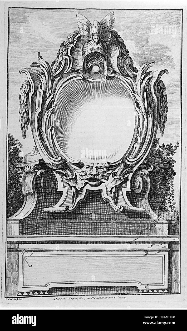 Print, Cartouche dekoriert mit Helm und Maske; entworfen von Pierre Edme Babel (Französisch, 1720–1775); Veröffentlicht von Jacques-Gabriel Huquier (Französisch, 1730–1805); Frankreich; Ätzen auf weißem Papier Stockfoto