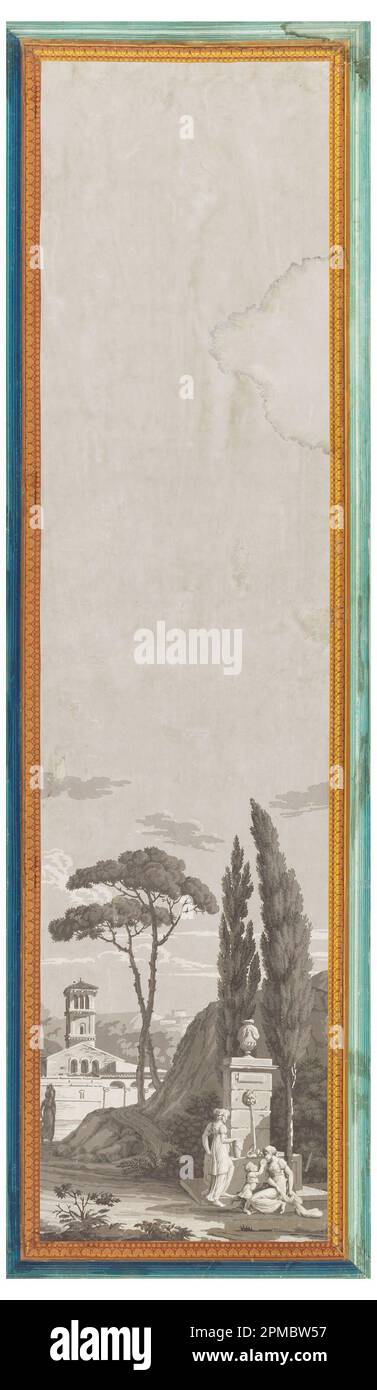 Scenic Panel, Les Portiques d'Athenes; entworfen von Xavier Mader; hergestellt von Dufour et Leroy (Frankreich); Frankreich; Blockdruck auf maschinengefertigtem Papier, aufgetragener Rand; 181,5 x 56,5 cm (71 7/16 x 22 1/4 Zoll) Stockfoto