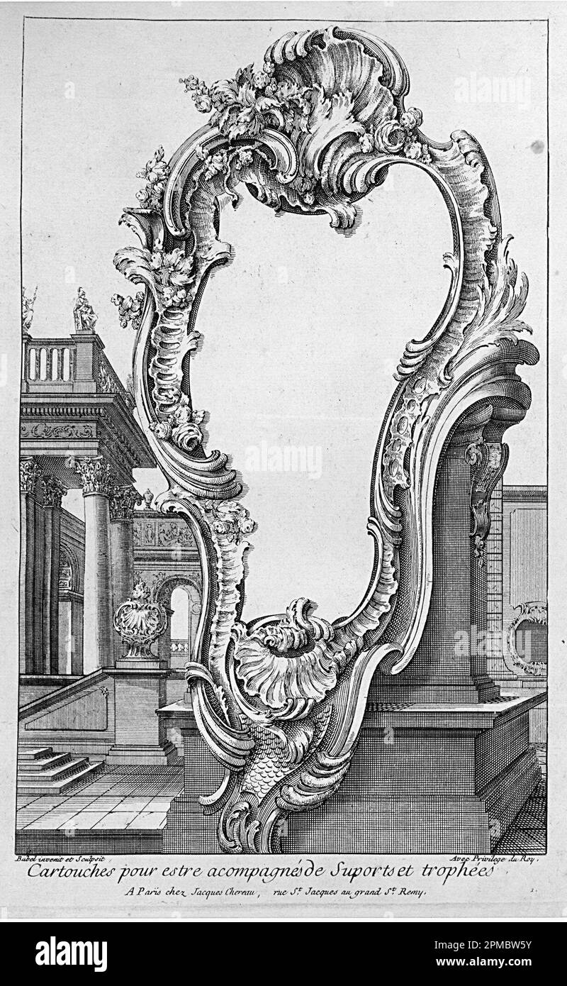 Druck, Titelseite; entworfen von Pierre Edme Babel (Französisch, 1720–1775); Veröffentlicht von Jacques Chéreau (Französisch, 1688–1776); Frankreich; Ätzen auf weißem Papier Stockfoto