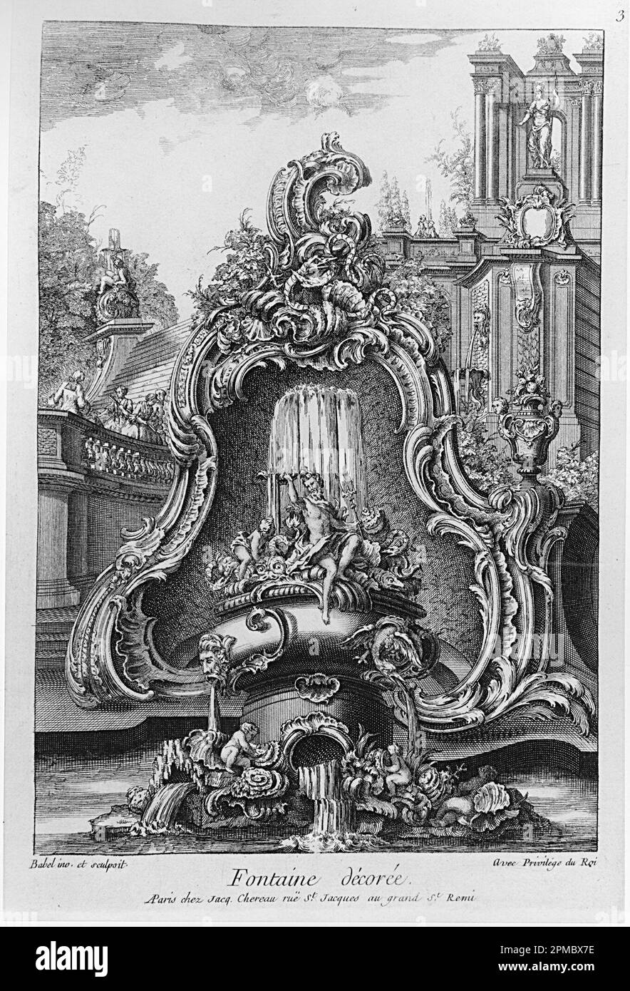 Printmedien, Brunnen mit Kartusche und Gebäuden; entworfen von Pierre Edme Babel (Französisch, 1720-1775); Veröffentlicht von Jacques Chéreau (Französisch, 1688-1776); Frankreich; Ätzen auf weißem Papier Stockfoto