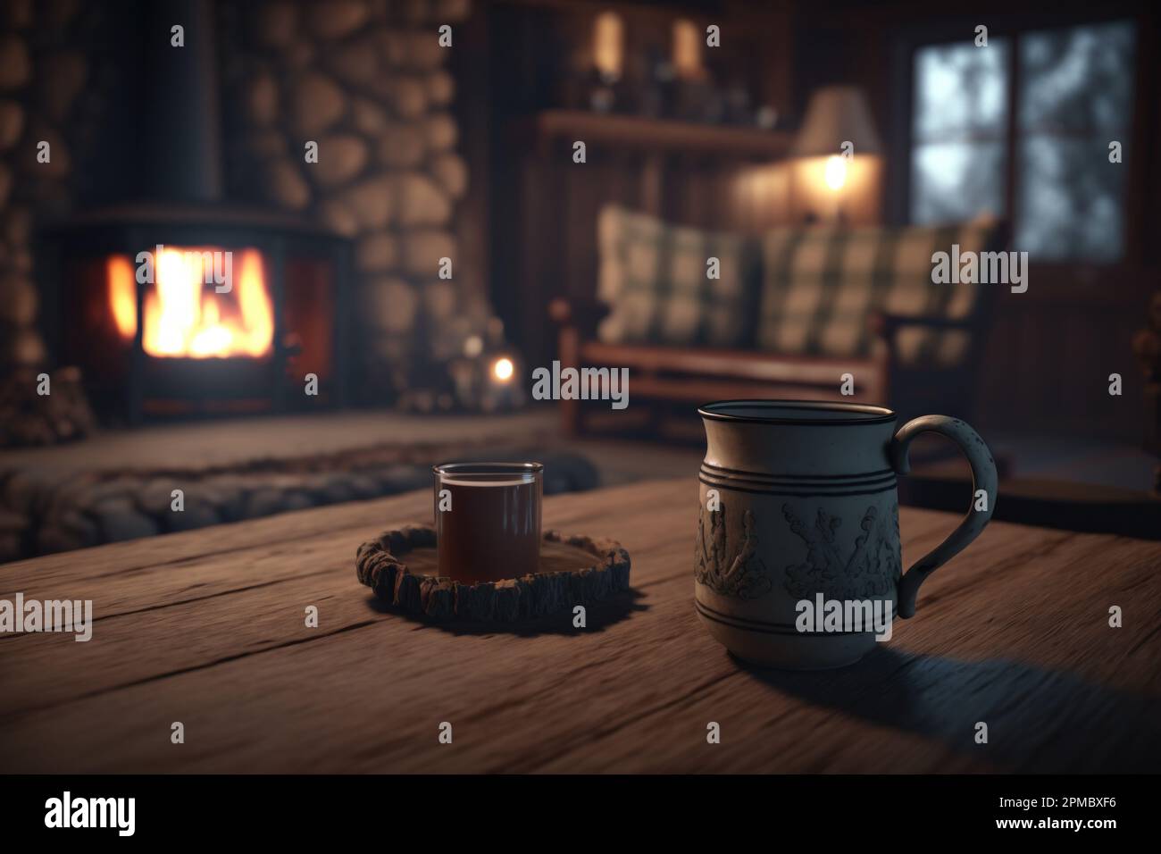 Eine gemütliche und einladende Hütte im Wald, mit einem knisternden Feuer und einer heißen Tasse Kakao, die drinnen wartet Stockfoto