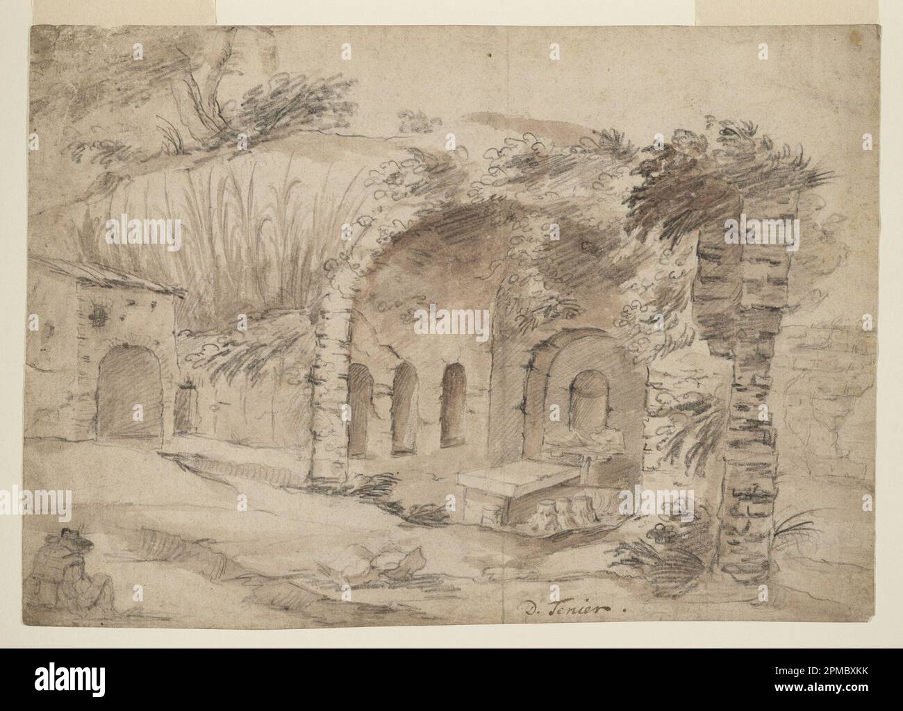 Zeichnung, Grotte der Nymphe Egeria, Rom; Niederlande; schwarze Kreide, Bürste und braune Wäsche auf Papier; 26,5 x 37,8 cm (10 7/16 x 14 7/8 Zoll) Stockfoto