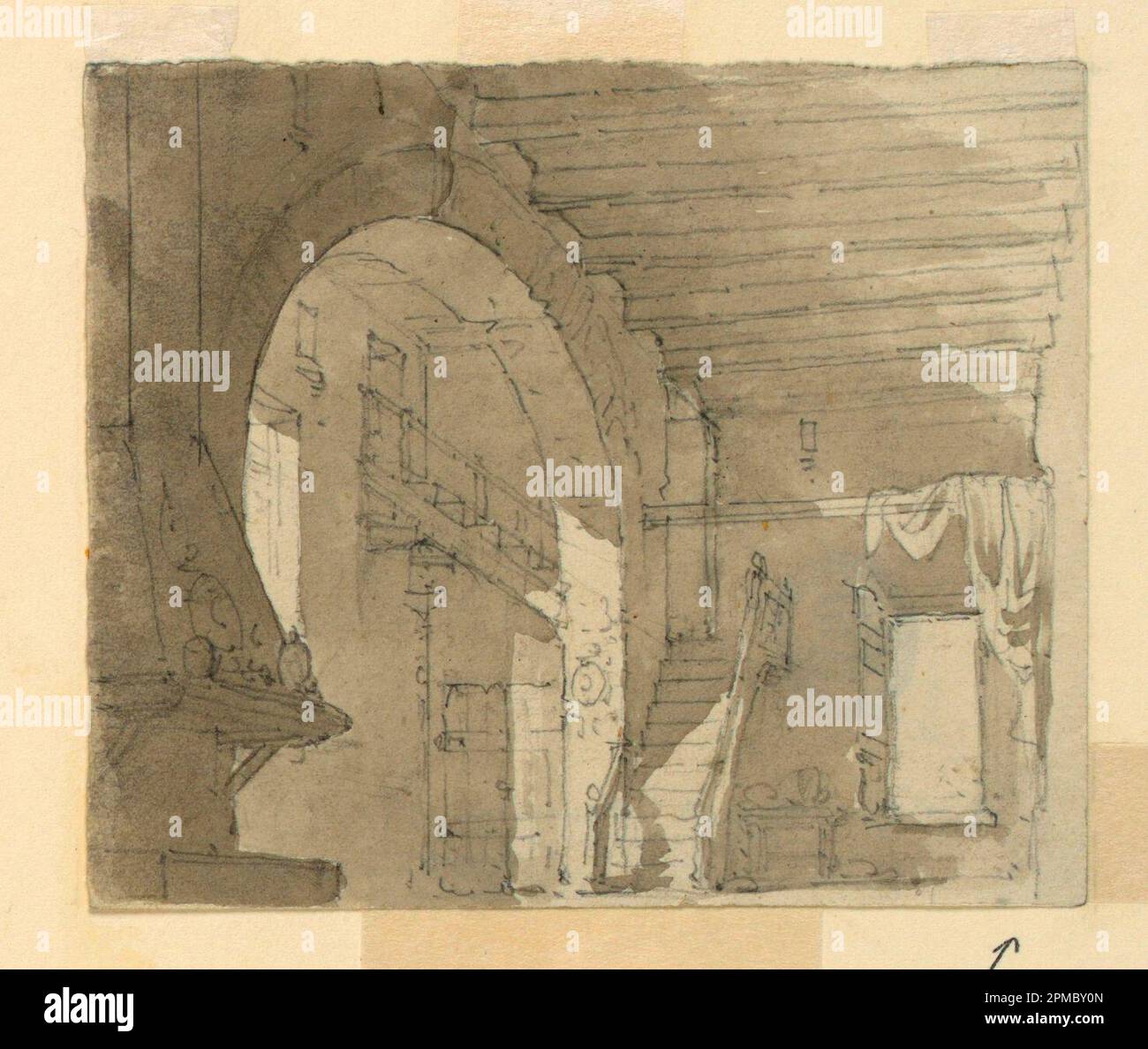 Zeichnung, Bühnendesign, Innenausstattung der Küche; entworfen von Luigi Ricci (Italienisch, 1823 - 1896); Italien; Graphit, Bürste und Sepia auf Papier Stockfoto