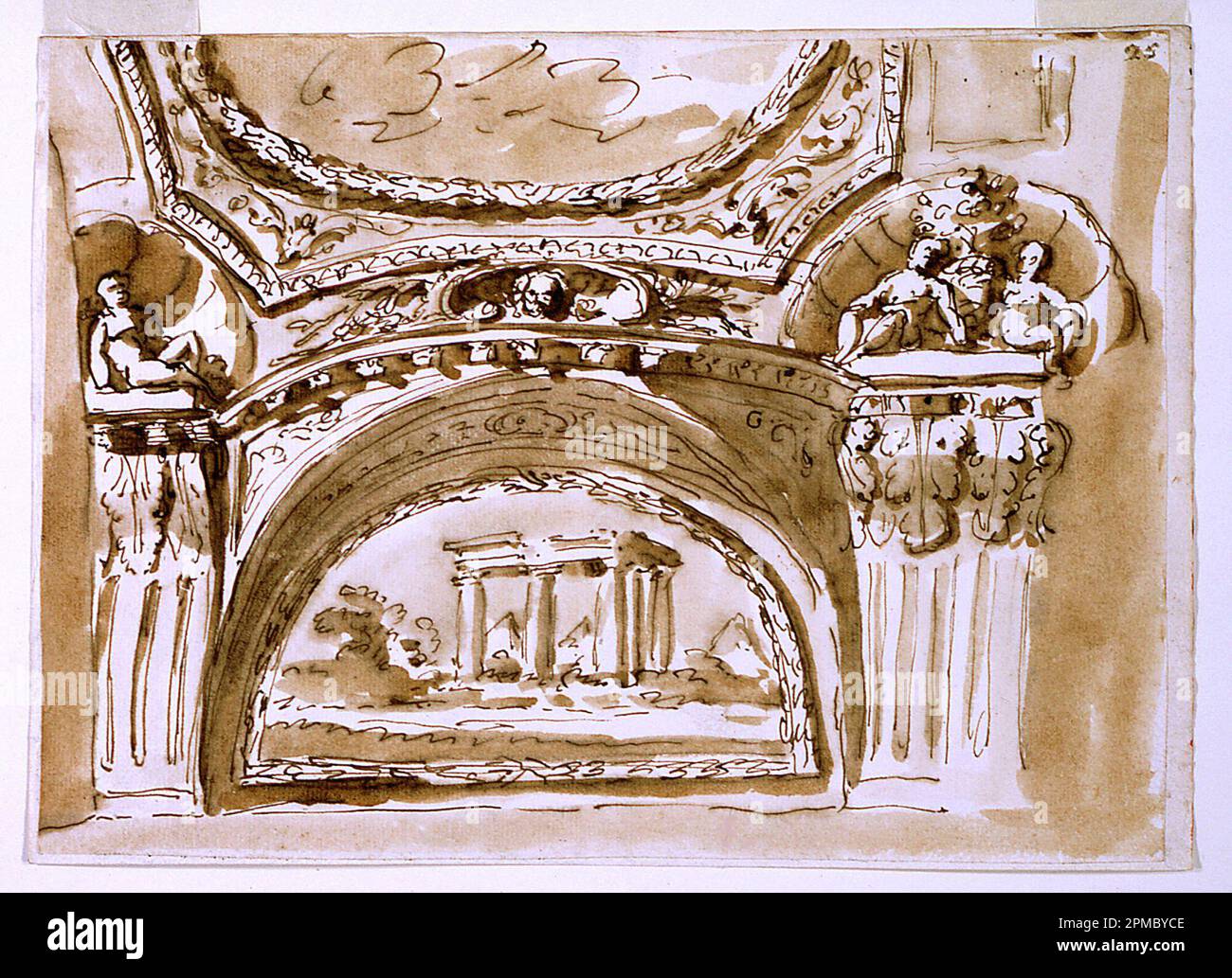 Zeichnung, Design für Deckendekoration; Architekt: Giuseppe Barberi (Italienisch, 1746–1809); Italien; Stift und braune Tinte, Bürste und braune Waschung auf cremefarbenem, gefärbtem Papier; Bild: 19,5 x 26,7 cm (7 11/16 x 10 1/2 Zoll) Stockfoto