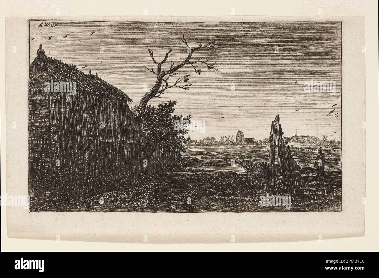 Print, The Sluice-Gate, Cottage Near Mud Flats, am Abend; Antoni Waterloo (1618–1677); Niederlande; Ätzen auf weißem Laienpapier; Blatt: 10,5 x 17,3 cm (4 1/8 x 6 13/16 Zoll) Platemark: 9,3 x 15,3 cm (3 11/16 Zoll X 6 Zoll) Stockfoto