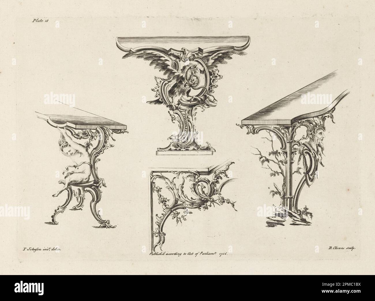 Print, Plate 18 in 100 und 50 neue Designs; entworfen von Thomas Johnson (Englisch, 1714–1778); graviert von Butler Clowes; England; Ätzen auf cremefarbenem Papier, gebunden im Buch; 27,3 x 38,1 x 47,6 cm (10 3/4 x 15 x 18 3/4 Zoll) Stockfoto