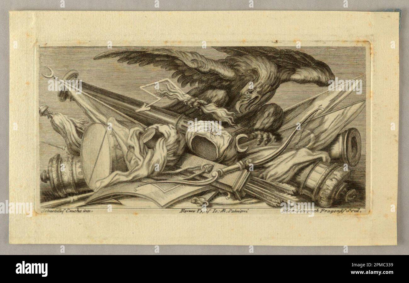 Print, Vignette, Trophäe der türkischen Waffen; Sebastiano Conca (Italienisch, 1680 - 1764); Print Maker: Maximilian Joseph Limpach (Tschechisch, aktiv in der 1. Hälfte des 18. Jahrhunderts); Gravur auf Papier; 10 x 16,5 cm (3 15/16 x 6 1/2 Zoll) Stockfoto