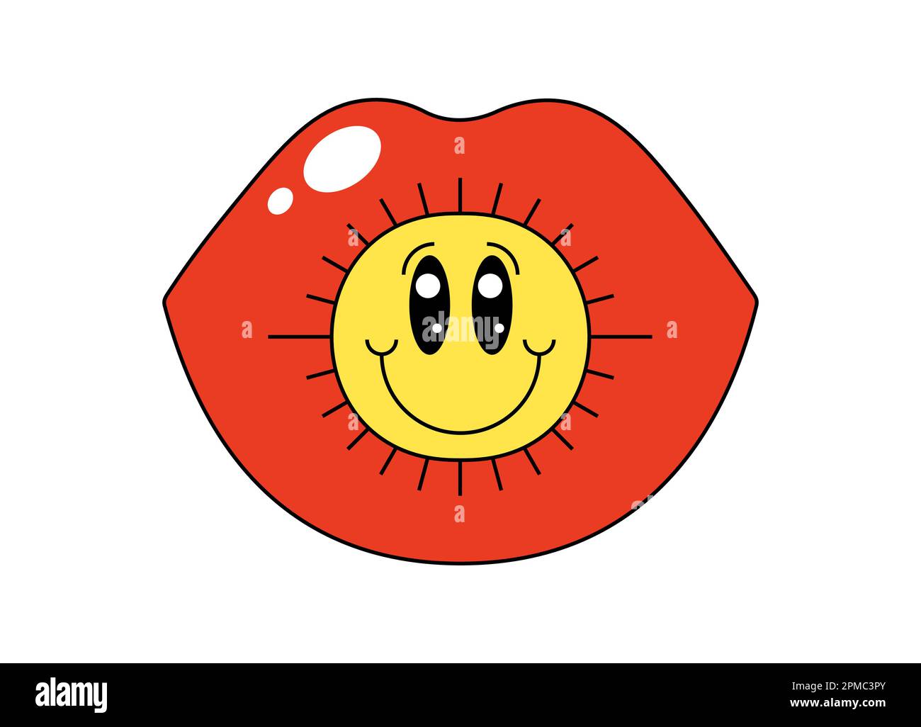 Retro groovy öffnete den Mund mit einem fröhlichen Smiley. Hippy glänzend rot, offene Lippen und lächelnde Emoji. Abgefahrene psychedelische weibliche Lippe. Hippie-Sticker im Vintage-Stil. Trendiger Hipster Y2K Pop-Art-Patch isolierter eps-Vektor Stock Vektor