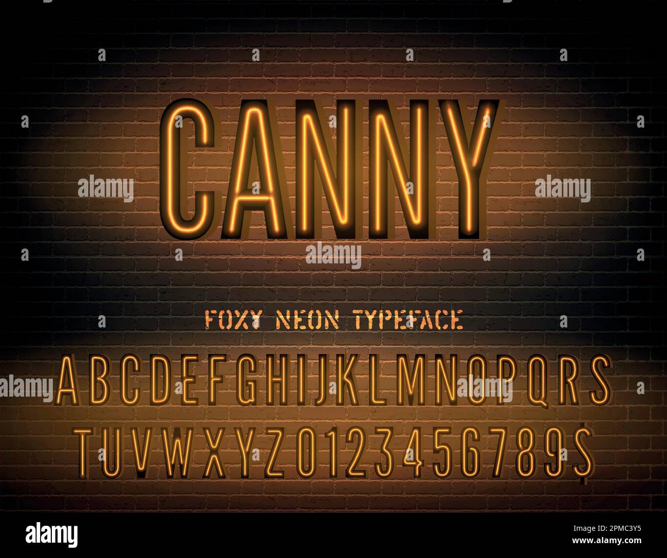 Canny-Schild mit schmalem orangefarbenen Neonalphabet auf dunklem Backsteinhintergrund. Foxy-Schrift mit Nachtlicht und Zahlen. Vektordarstellung Stock Vektor