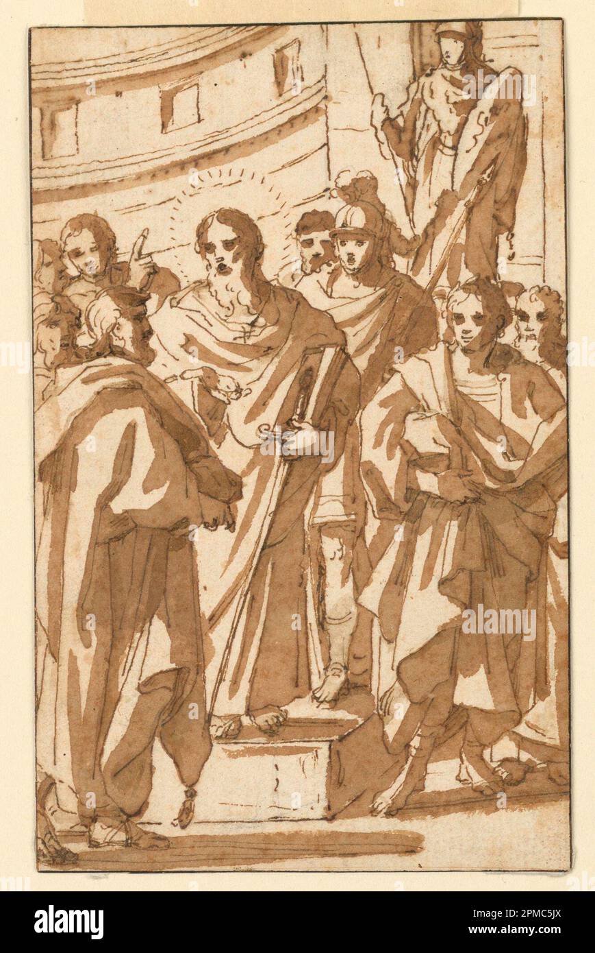 Zeichnung, St. Paul predigt über den Areopagus in Athen; wird Charles Mellin (1620–1649) zugeschrieben; Italien; Stift und braune Tinte, Bürste und braunes Waschen; 14,7 x 9,2 cm (5 13/16 x 3 5/8 Zoll) Stockfoto
