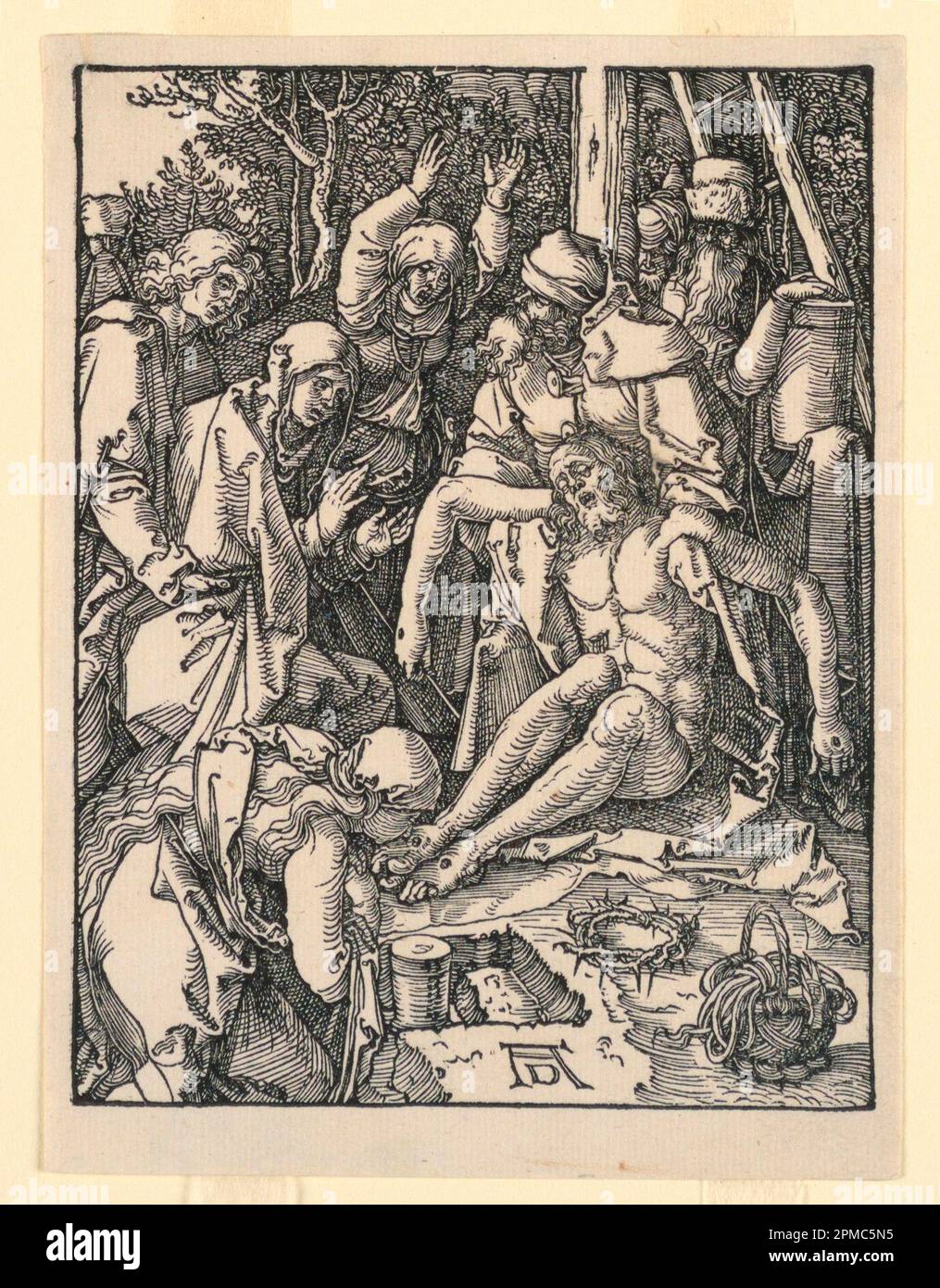 Print, The Lamentation, aus der Little Passion Series; entworfen von Albrecht Dürer (Deutschland, 1471–1528); Deutschland; Holzschnitt auf cremefarbenem Papier; 14,1 x 10,7 cm (5 9/16 x 4 3/16 Zoll) Stockfoto