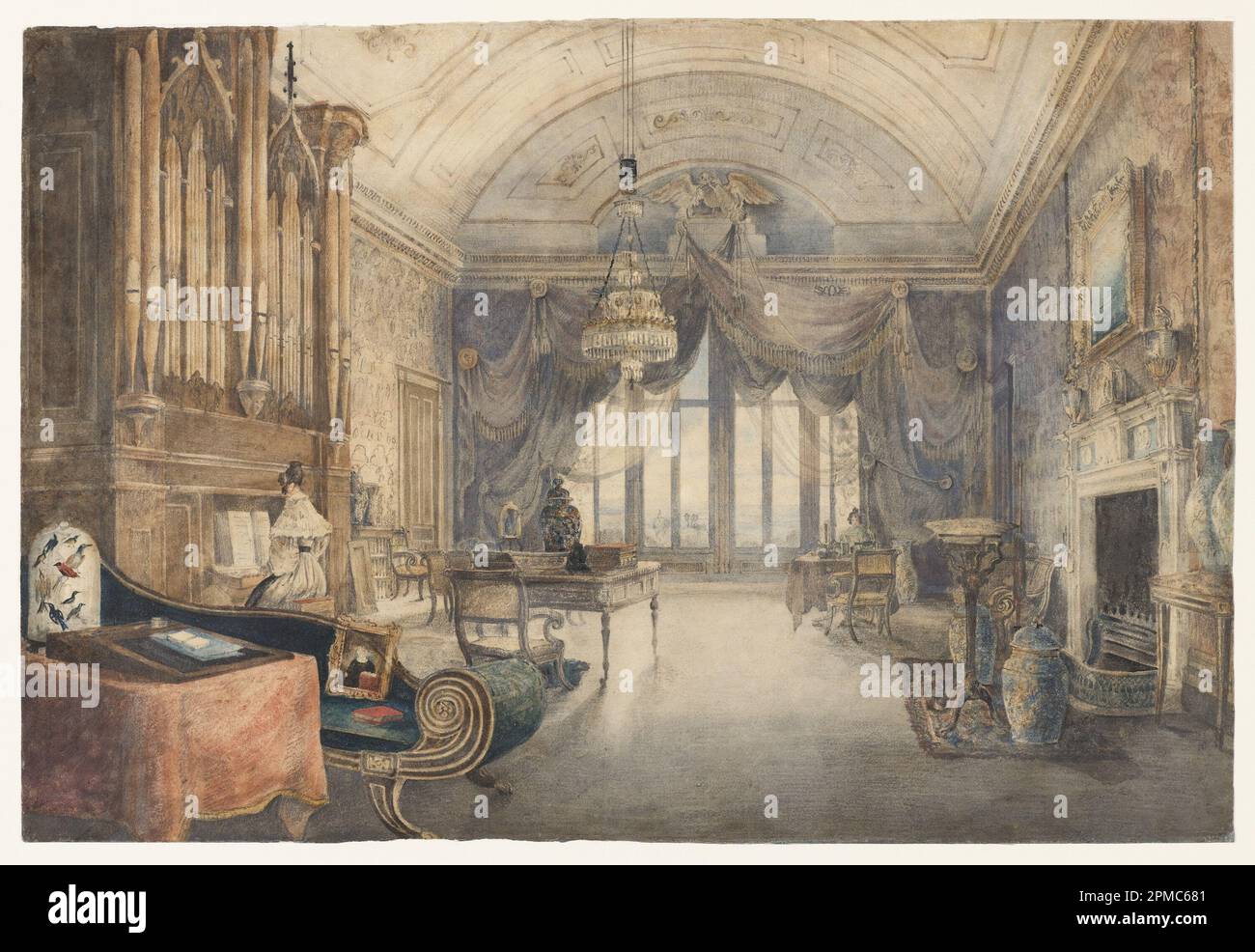 Zeichnen, großer Salon mit Orgel; Unbekannt (Englisch); Aquarell und Riesenaffe über Graphit auf weißem gewebtem Papier; Rahmen H x B x T: 44,8 x 60,3 x 2,5 cm (17 5/8 x 23 3/4 x 1 Zoll) Blatt: 29,1 x 43,1 cm (11 7/16 x 16 15/16 Zoll); Taue Sammlung; 2007-27-12 Stockfoto