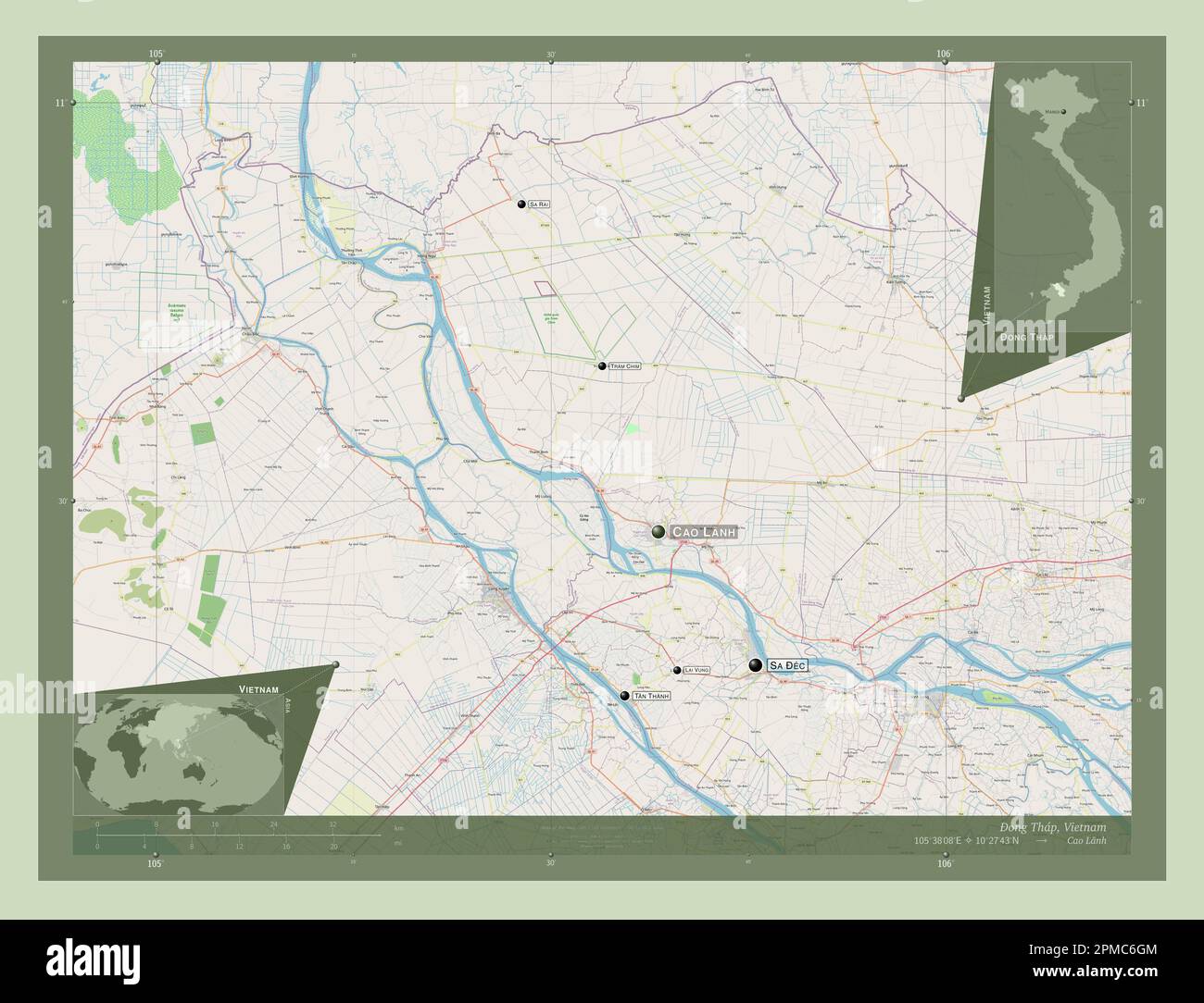 Ong Thap, Provinz Vietnam. Straßenkarte Öffnen. Standorte und Namen der wichtigsten Städte der Region. Eckkarten für zusätzliche Standorte Stockfoto