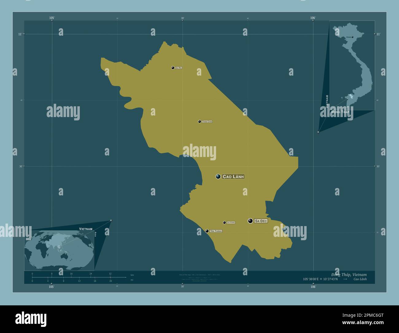 Ong Thap, Provinz Vietnam. Durchgehende Farbform. Standorte und Namen der wichtigsten Städte der Region. Eckkarten für zusätzliche Standorte Stockfoto