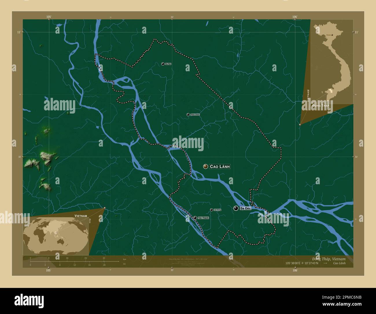 Ong Thap, Provinz Vietnam. Farbige Höhenkarte mit Seen und Flüssen. Standorte und Namen der wichtigsten Städte der Region. Zusätzliche Eckpunkte Stockfoto