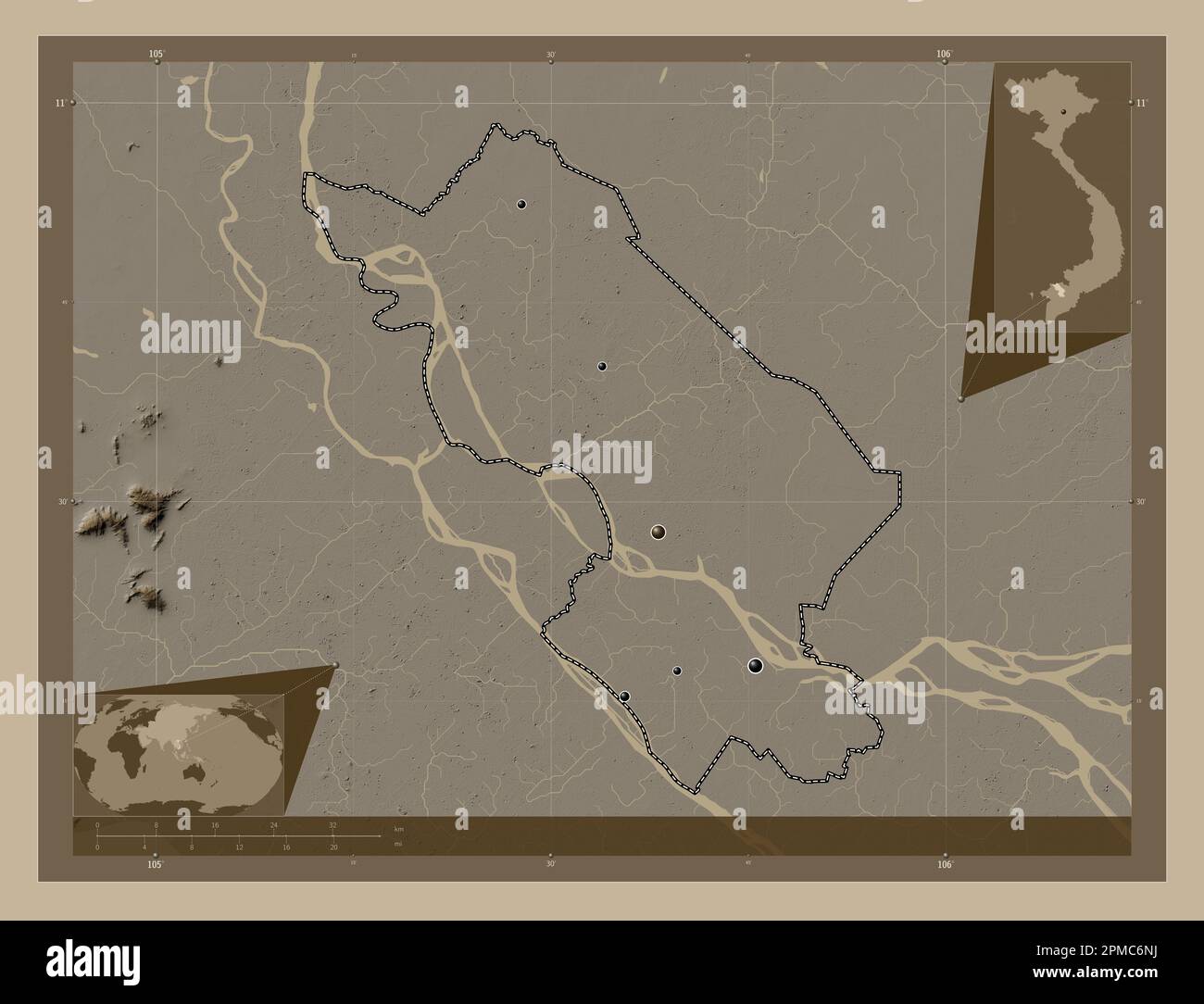 Ong Thap, Provinz Vietnam. Höhenplan in Sepia-Tönen mit Seen und Flüssen. Standorte der wichtigsten Städte der Region. Ecke Zusatz l Stockfoto