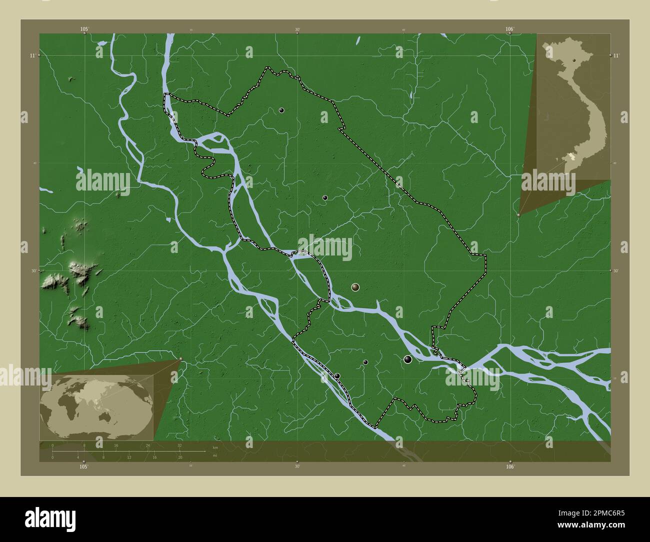 Ong Thap, Provinz Vietnam. Höhenkarte im Wiki-Stil mit Seen und Flüssen. Standorte der wichtigsten Städte der Region. Ecken-Zusatzgerät, niedrig Stockfoto