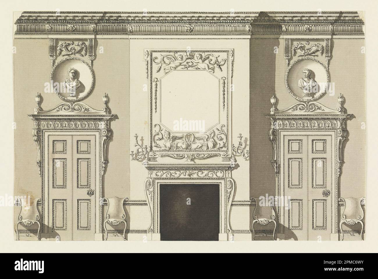 Zeichnung, Wall Elevation; Frederick Crace (Englisch, 1779–1859); entworfen von James Byres; England; Stift und schwarze Tinte, grau und schwarze Aquarelle auf liegendem Papier; 13,8 x 21,2 cm (5 7/16 x 8 3/8 Zoll) Stockfoto