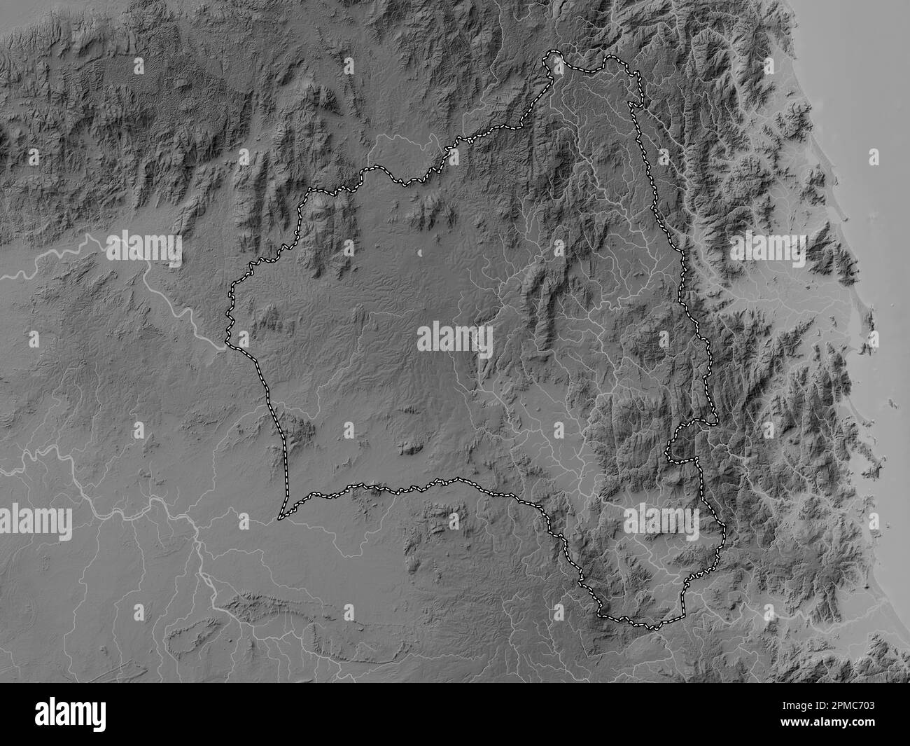 GIA Lai, Provinz Vietnam. Grauskala-Höhenkarte mit Seen und Flüssen Stockfoto