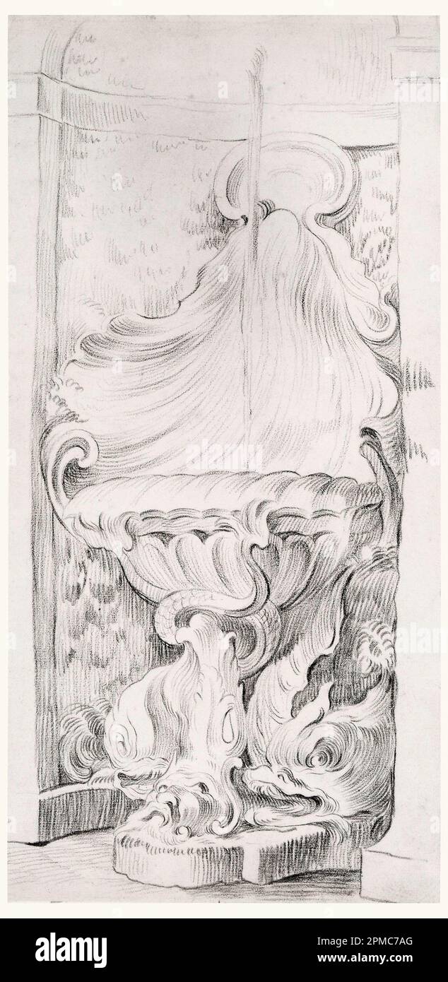 Zeichnen, Design für Brunnen in Nische; nach Edmé Bouchardon (Frankreich, aktives Rom und Frankreich, 1698 - 1762); Frankreich; rote Kreide auf cremefarbenem Lagepapier; 38,3 x 19,2 cm (15 1/16 x 7 9/16 Zoll) Stockfoto