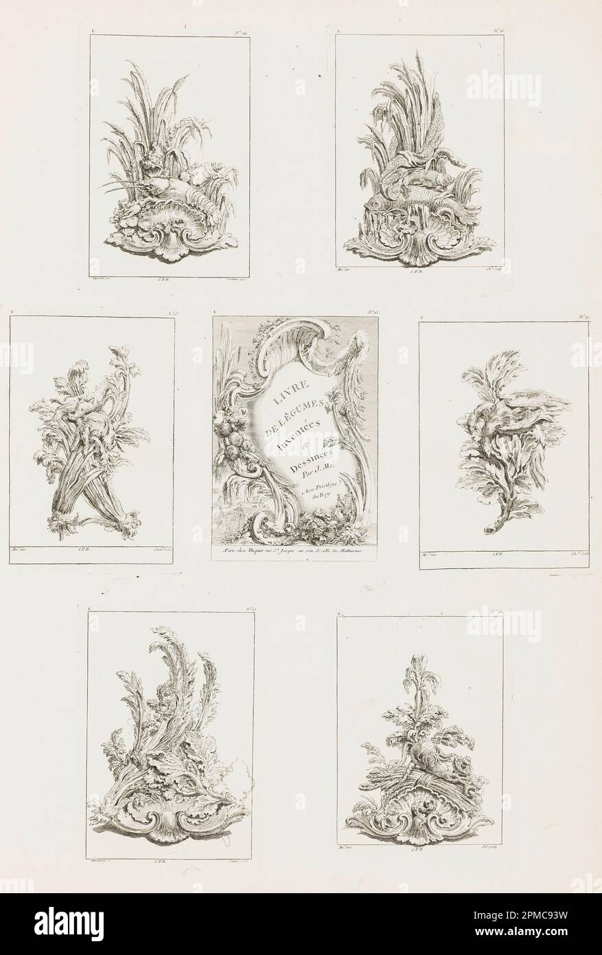 Aufdruck, Ornament-Design mit Crayfish-Motiv, pl. 14 in Livre des légumes In Oeuvre de Juste-Aurèle Meissonnier; entworfen von Juste-Aurèle Meissonnier (Französisch, B. Italien, 1695–1750); graviert von Pierre-Quentin Chedel (1705–1763); Herausgegeben von Gabriel Huquier (Französisch, 1695–1772); Frankreich; Ätzen auf cremefarbenem Papier; 16 x 11,1 cm (6 5/16 x 4 3/8 Zoll). Stockfoto