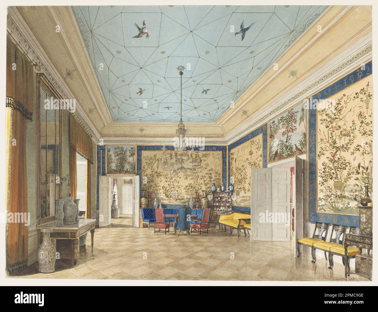 Zeichnung, Chinesisches Zimmer im Königspalast, Berlin; Eduard Gaertner; Pinsel und Aquarell, Gouache, Graphit auf weißem gewebtem Papier; Rahmen H x B x T: 42,2 x 60,3 x 2,5 cm (17 5/8 x 23 3/4 x 1 Zoll) Blatt: 27,2 x 36,3 cm (10 11/16 x 14 5/16 Zoll); Taue Sammlung; 2007-27-48 Stockfoto