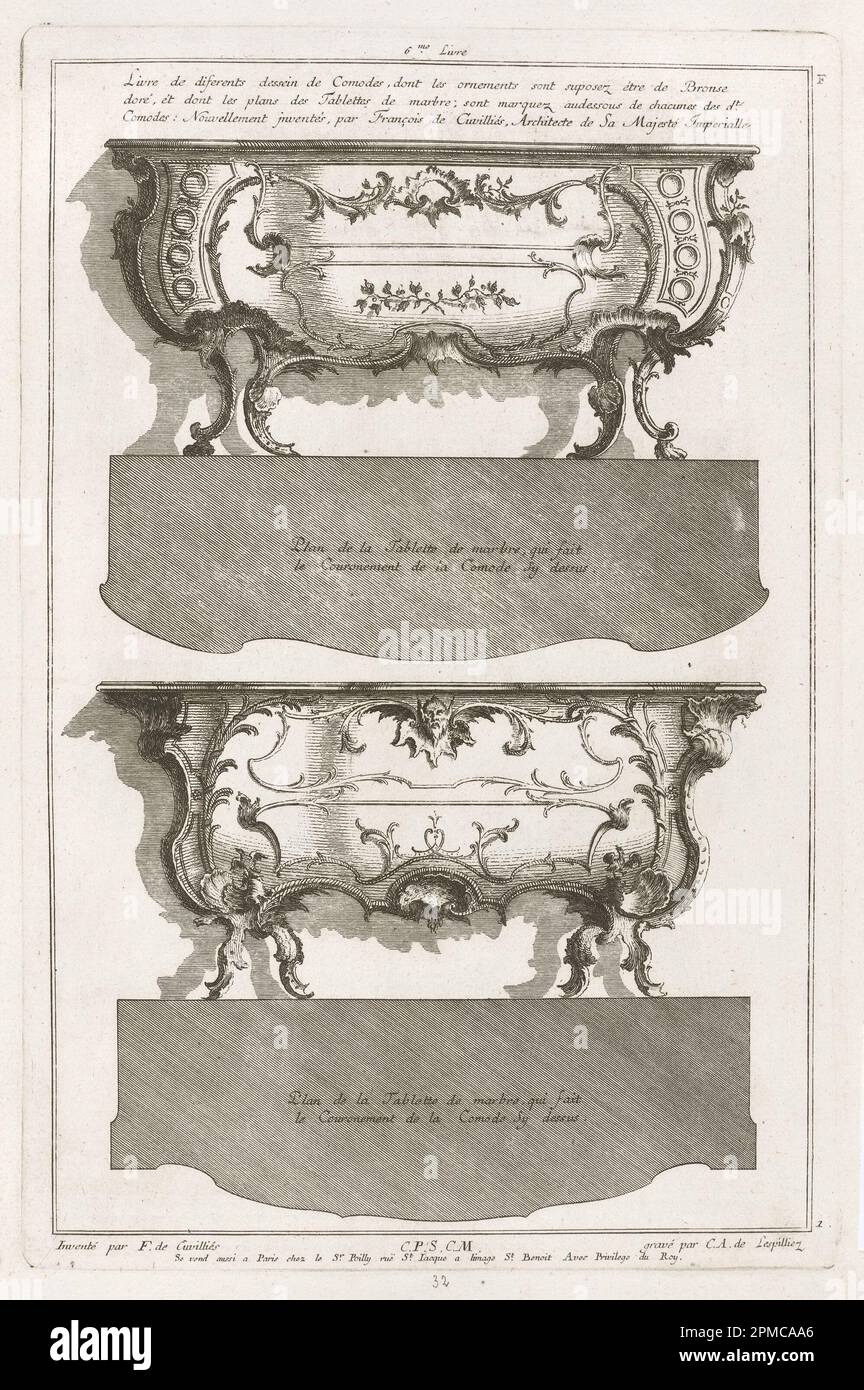 Print, Deux diferents desseins de Comodes; entworfen von Francois de Cuvilliés the Elder (Belgien, aktives Deutschland, 1695 - 1768); graviert von Karl Albert von Lespilliez (1723 - 1796); Deutschland; Gravur, Gravur auf weißem Papier; Platemark: 36,5 x 24,3 cm (14 3/8 x 9 9/16 Zoll) Blatt: 44 x 28,6 cm (17 5/16 x 11 1/4 Zoll) Stockfoto