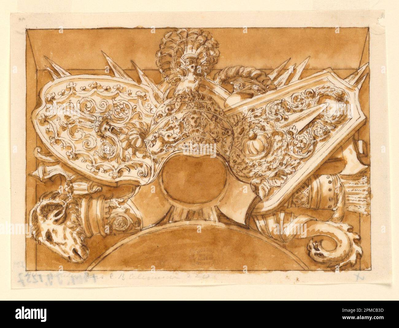 Zeichnen, Design for a Trophy; After Polidoro da Caravaggio (Italienisch, 1499 - 1543); Italien; Bleistift, Stift, Pinsel und Sepia auf Papier Stockfoto