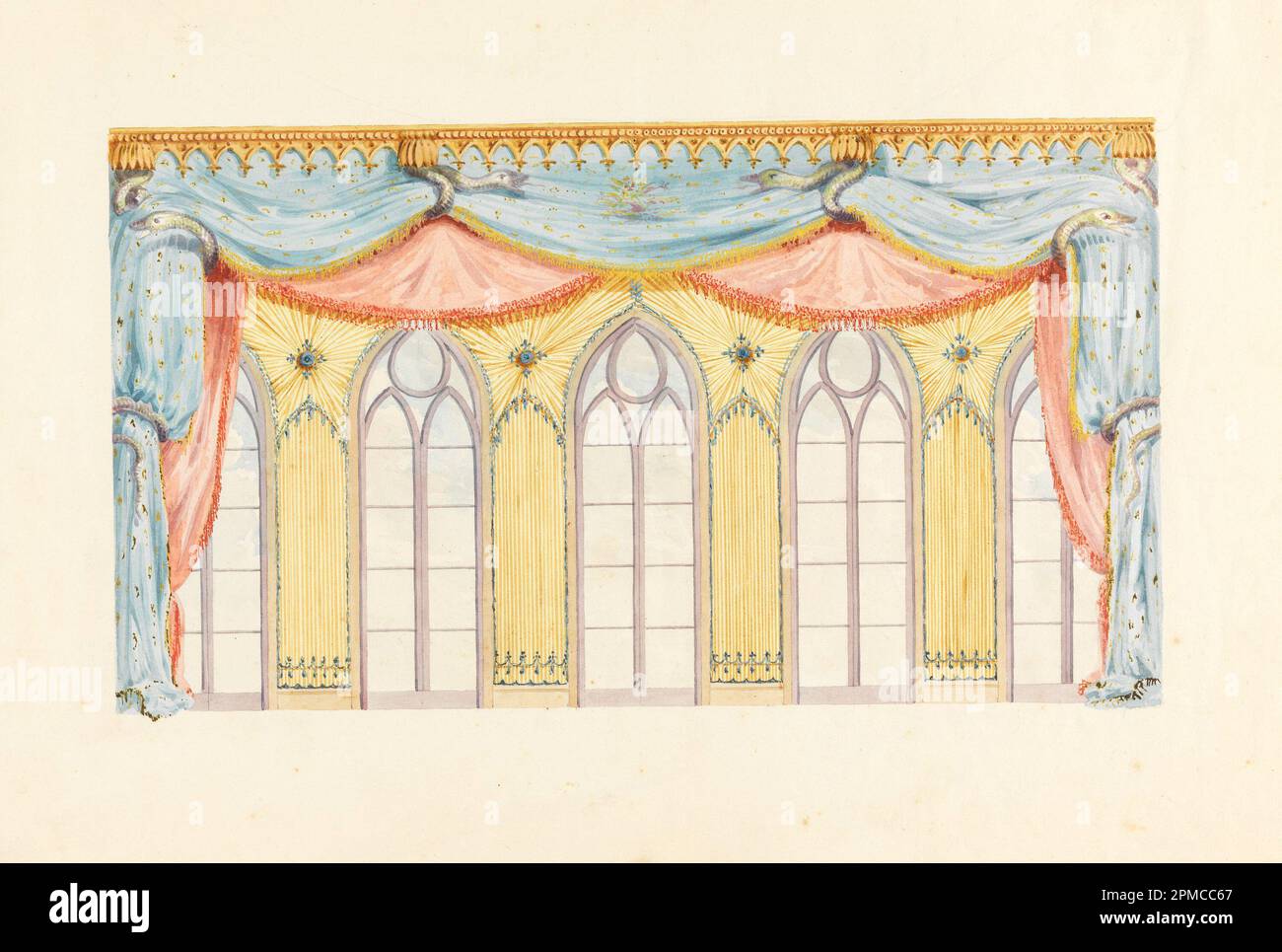Zeichnung, Fensterdekoration, wahrscheinlich für die East Wall of the Music Room, Royal Pavilion, Brighton; Frederick Crace (Englisch, 1779–1859); England; Aquarell, Graphit auf weißem gewebtem Papier; Matte: 35,6 x 45,7 cm (14 x 18 Zoll) 30,8 x 43,9 cm (12 1/8 x 17 5/16 Zoll) Stockfoto