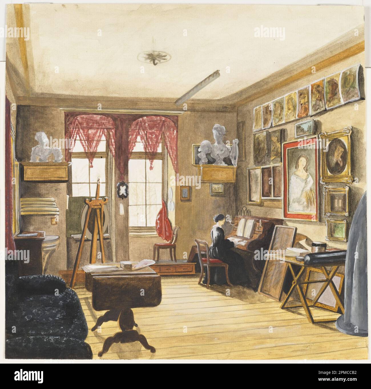 Aquarell, Künstlerstudio in Berlin; Karl Wilhelm Streckfuss; Pinsel und Gürtel auf weißem Papier; Rahmen H x B x T: 60,3 x 44,8 x 2,5 cm (23 3/4 x 17 5/8 x 1 Zoll) Blatt: 28,7 x 29,2 cm (11 5/16 x 11 1/2 Zoll); Taue Sammlung; 2007-27-30 Stockfoto