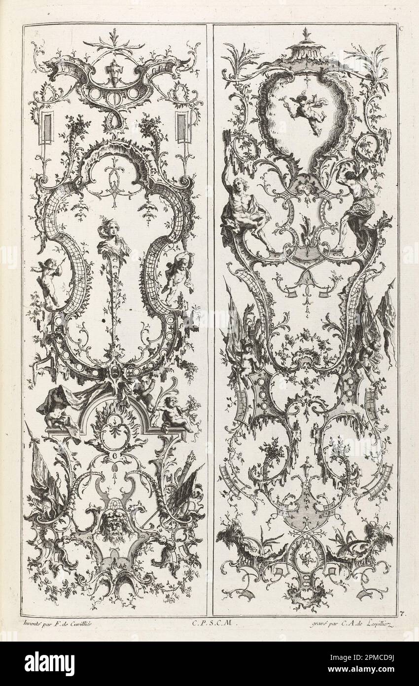 Print, Designs für zwei Gueridons und eine Wandhalterung mit Vase; entworfen von Francois de Cuvilliés dem Ältesten (Belgien, aktives Deutschland, 1695 - 1768); graviert von Karl Albert von Lespilliez (1723 - 1796); Herausgegeben von Nicolas Jean Baptiste de Poilly (Frankreich, 1712 - ca. 1758); Deutschland; Ätzen und Gravieren auf cremefarbenem, liegendem Papier; Platemark: 35,8 x 23,3 cm (14 1/8 x 9 3/16 Zoll) Blatt: 44 x 28,6 cm (17 5/16 x 11 1/4 Zoll) Stockfoto