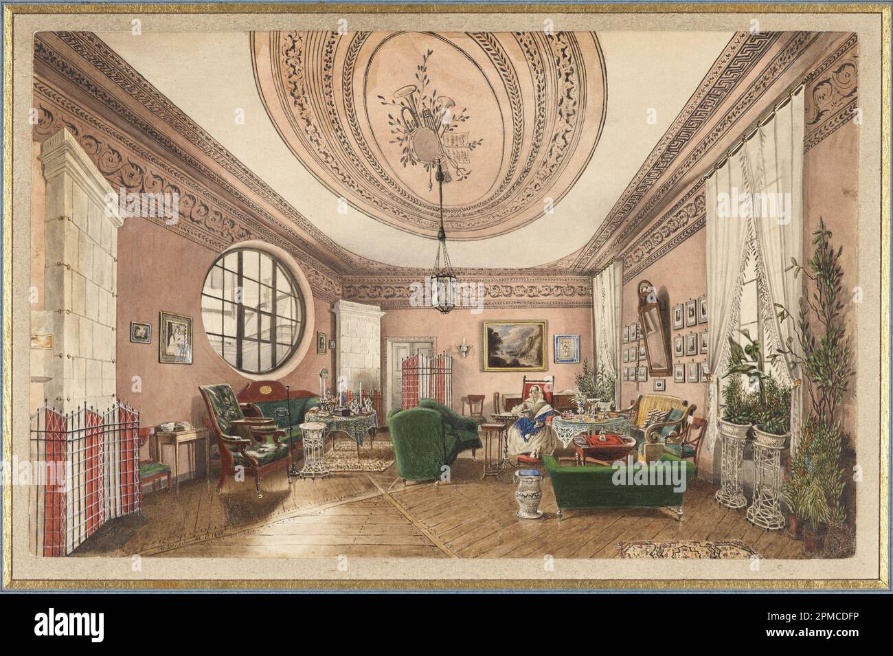Zeichnung, Innenausstattung eines Salons; Vladislav Dmochowski (Litauisch); Pinsel und Aquarell, Gouache auf Papier; Rahmen H x B x T: 39,7 x 50,2 x 2,5 cm (15 5/8 x 19 3/4 x 1 Zoll) Blatt: 20,6 x 32,2 cm (8 1/8 x 12 11/16 Zoll); Taue Sammlung; 2007-27-29 Stockfoto