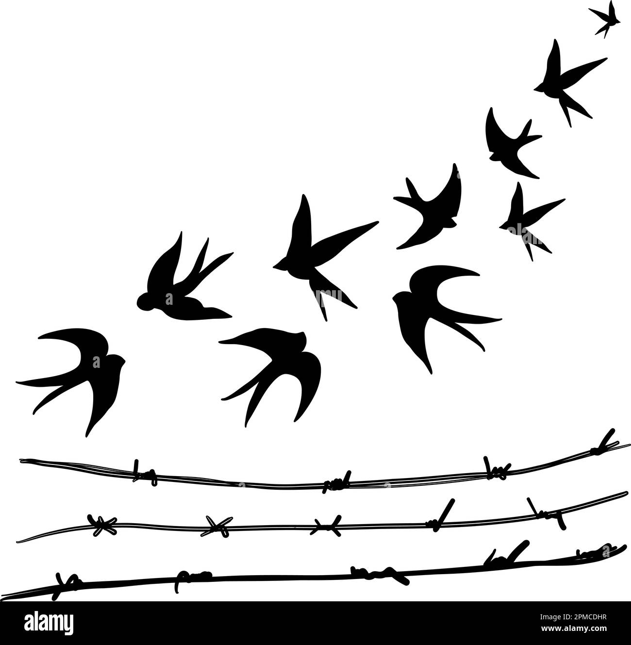 Herde schluckt die schwarze Silhouette der Vögel auf weißem Hintergrund Stock Vektor