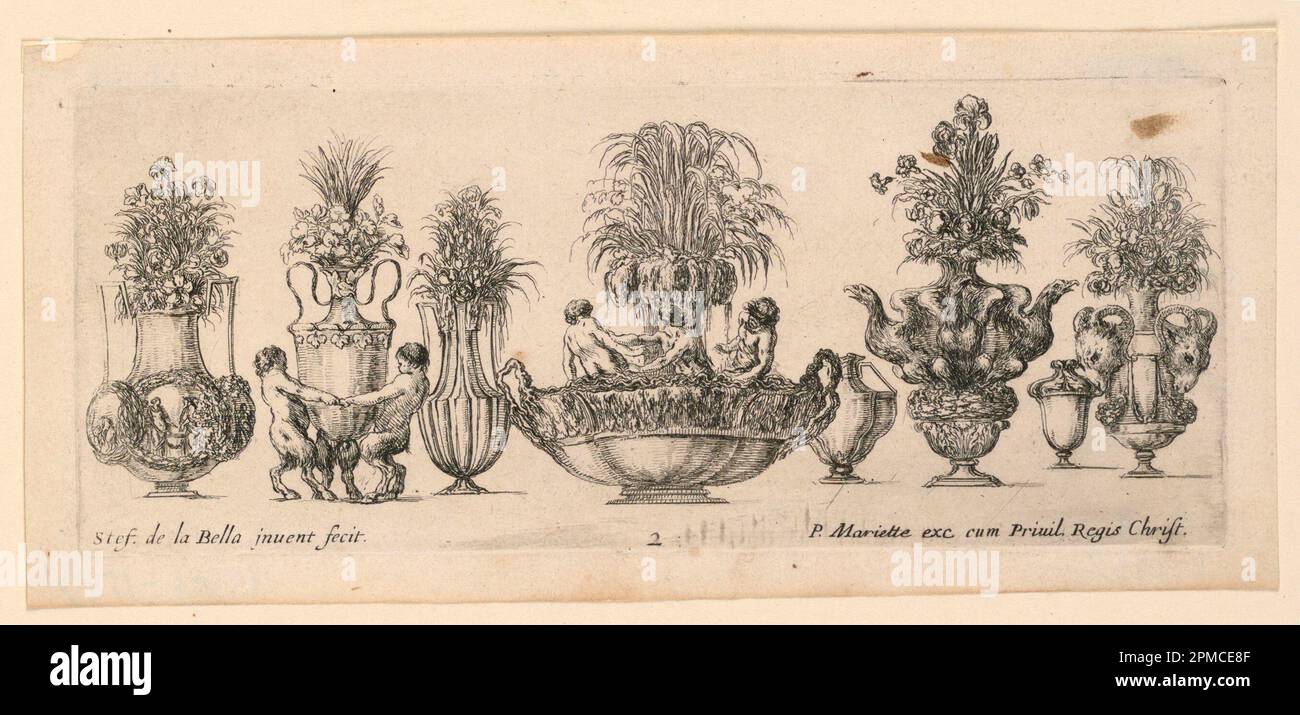 Druck, Vasen, von „Raccolta di Vasi Dichurch“; Druckmaschine: Stefano della Bella (Italienisch, 1610–1664); Italien; Ätzen auf Papier; 9,9 x 22,1 cm (3 7/8 x 8 11/16 Zoll) Stockfoto