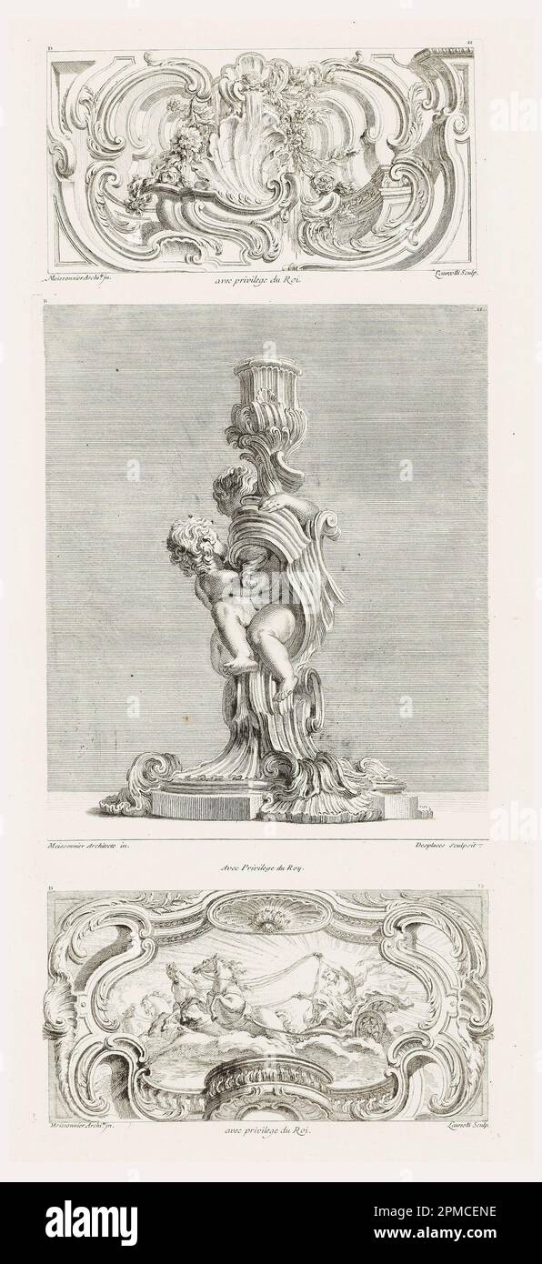 Print, Design for a Candlestick, Second View, Plate 11 in Oeuvre de Juste-Aurèle Meissonnier; entworfen von Juste-Aurèle Meissonnier (Französisch, B. Italien, 1695–1750); graviert von Phillippe-Louis Compagnon-Desplaces (Französisch, 1682–1739); Veröffentlicht von Gabriel Huquier (Französisch, 1695–1772); weißes Papier aus; 26,5 x 21,2 cm (10 7/16 x 8 3/8 Zoll) Stockfoto