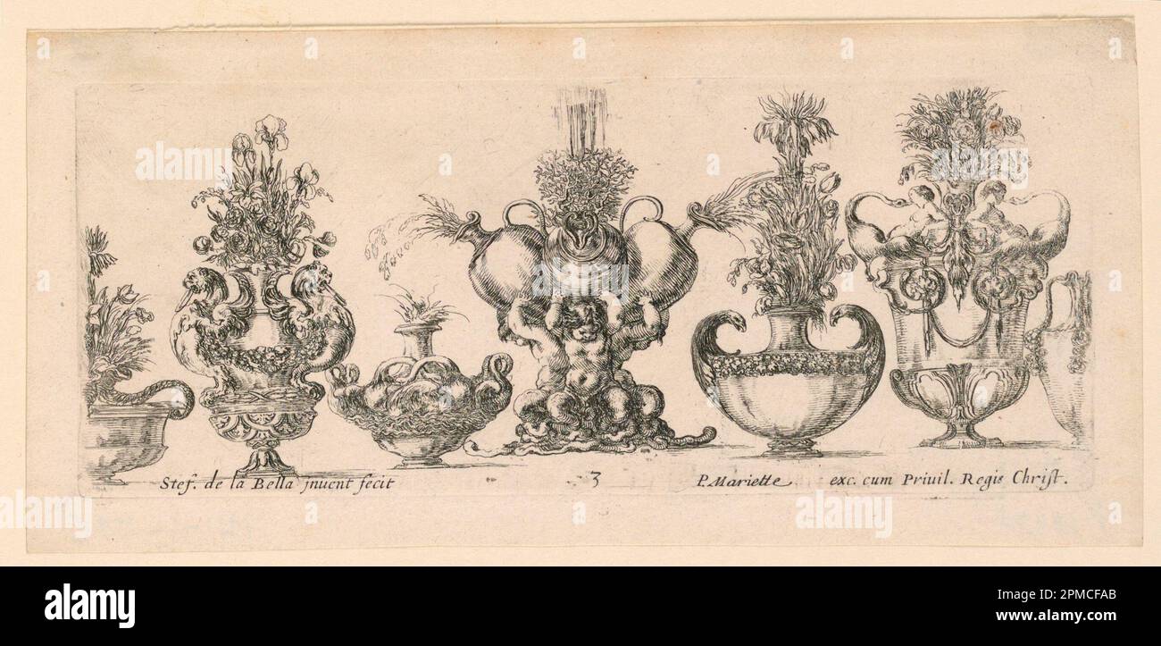 Druck, Vasen, von „Raccolta di Vasi Dichurch“; Druckmaschine: Stefano della Bella (Italienisch, 1610–1664); Italien; Ätzen auf Papier; 10,5 x 22,3 cm (4 1/8 x 8 3/4 Zoll) Stockfoto