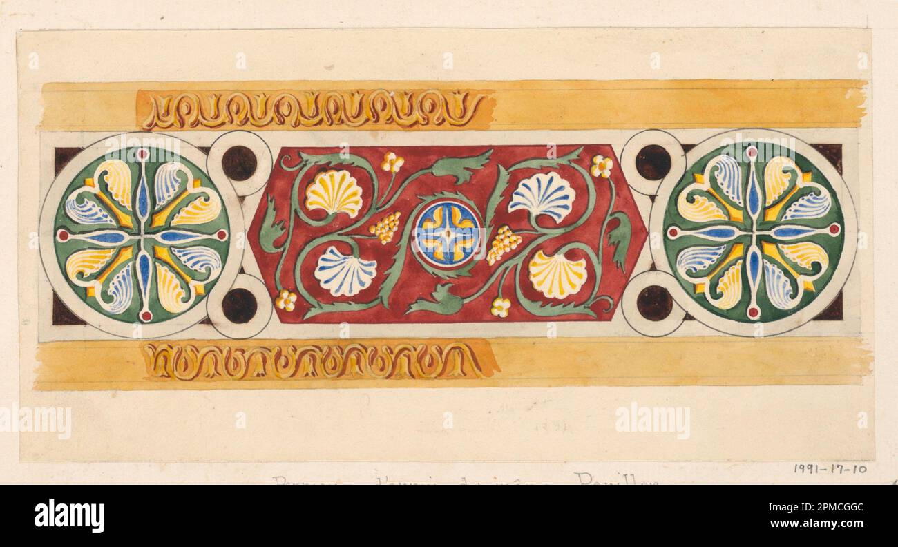 Zeichnung, Design for Decorative Panel for July Festival Architecture; Félix-Jacques Duban (Französisch, 1798-1870); Frankreich; Pinsel und Aquarell, Stift und schwarze Tinte, Graphit, Gouache auf weißem, cremefarbenem Papier auf cremeweißem Papier; Blatt: 11,2 x 22,4 cm (4 7/16 x 8 13/16 Zoll) Halterung: 44,1 x 29 cm (17 3/8 x 11 7/16 Zoll) Matte: 45,7 x 35,6 cm (18 x 14 Zoll) Stockfoto