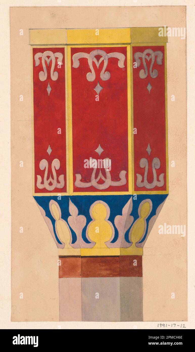 Zeichnung, Design for Column Capital for July Festival Architecture; Félix-Jacques Duban (Französisch, 1798 - 1870); Frankreich; Pinsel und Aquarell, Gouache, schwarz gewaschen, Graphit auf dunklem cremefarbenem Papier auf cremefarbenem Papier; Blatt: 7 3/8 x 8 3/4 Zoll (18,7 x 22,2 Zoll) Halterung: 28,8 x 44,4 cm (11 3/8 x 17 1/2 Zoll) Matte: 35,6 x 45,7 cm (14 x 18 Zoll) Stockfoto