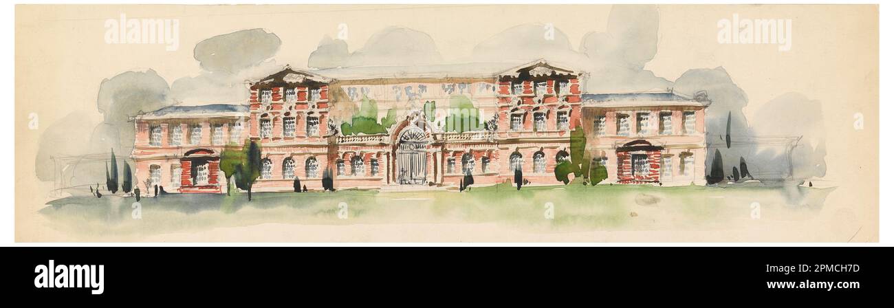 Drawing, Hearst School for Girls: The Elevation of the Main Building; Architekt: Whitney Warren Jr. (Amerikanisch, 1864–1943); USA; Graphit, Pinsel und Aquarell auf Pappe; 13,3 x 48 cm (5 1/4 x 18 7/8 Zoll) Stockfoto