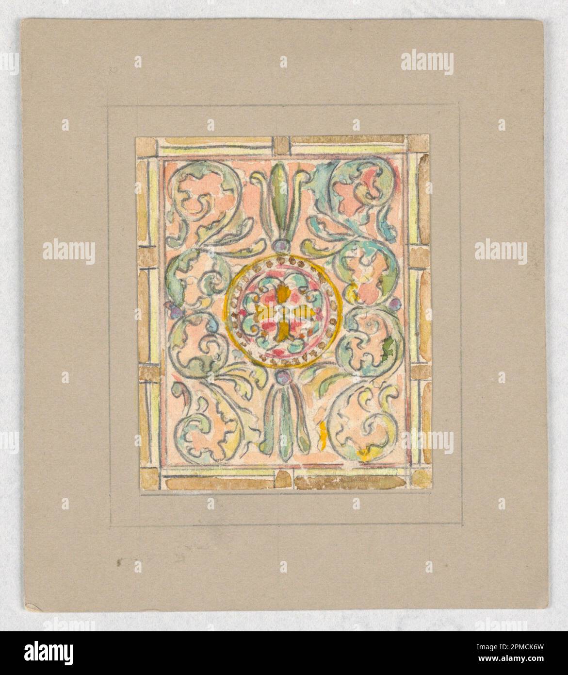 Zeichnen, Design für Buntglas; entworfen von Alice Cordelia Morse (amerikanisch, 1863–1961); USA; Pinsel und Riesenschnabel, Graphit auf Papier auf braunem Illustrationstafel; Bild: 5,2 x 6,3 cm (2 1/16 x 2 1/2 Zoll) Blatt: 9,2 x 10,5 cm (3 5/8 x 4 1/8 Zoll) Stockfoto