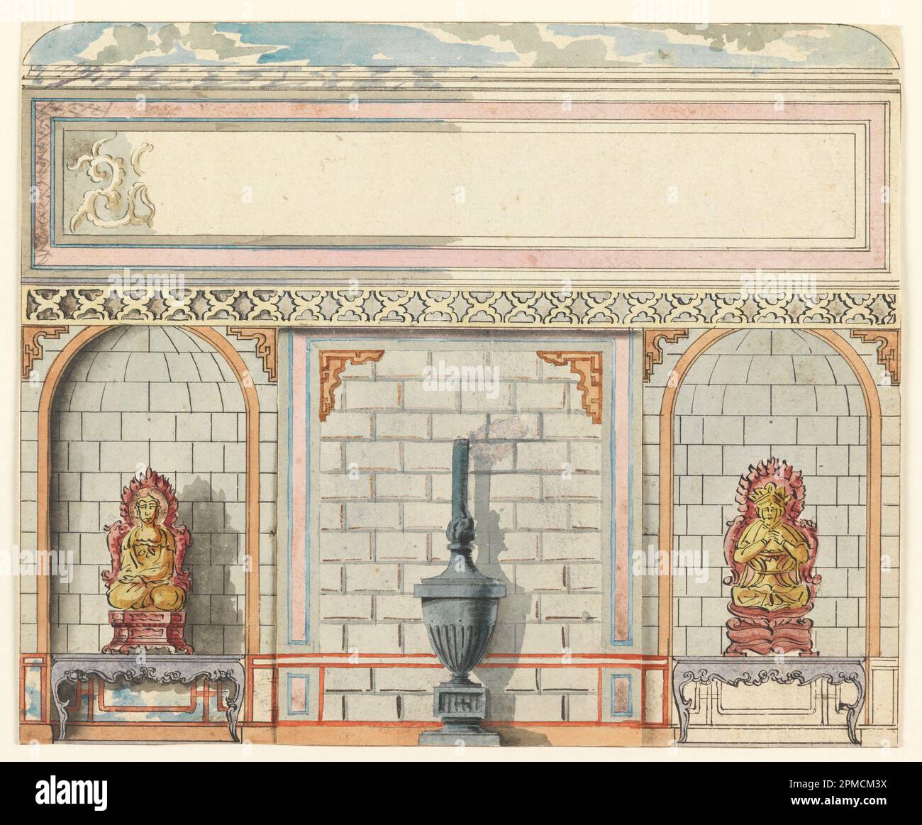 Zeichnung, Eingangshalle, Ostwand, Königlicher Pavillon, Brighton; Frederick Crace (Englisch, 1779–1859); England; Pinsel und Aquarell, Stift und Tinte auf Papier; 12,9 x 11,3 cm (5 1/16 x 4 7/16 Zoll) Stockfoto