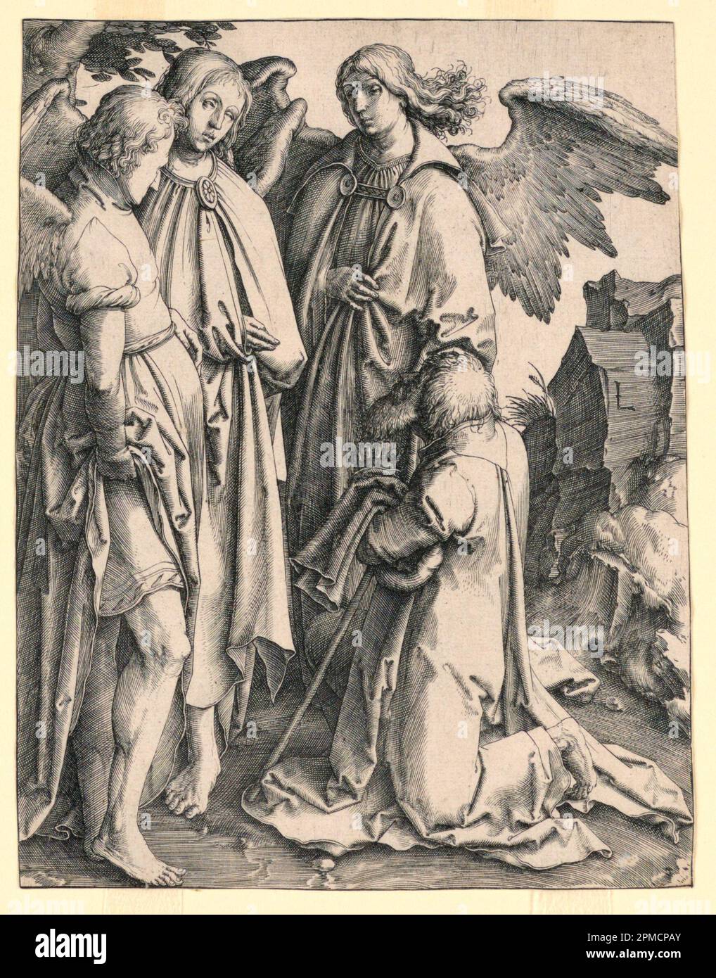 Print, Abraham and the Three Angels; entworfen von Lucas van Leyden (Niederlande, ca. 1494–1533); Gravur auf cremefarbenem, gefärbtem Papier Stockfoto