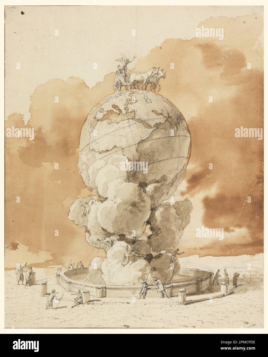 Zeichnung, Design für ein öffentliches Denkmal, das auf dem Pariser Platz errichtet wird; entworfen von Jean-Pierre-Louis-Laurent Houël (Französisch, 1735–1813); Frankreich; Stift und graue Tinte, Pinsel und braune Wäsche über schwarzer Kreide, Graphit auf weißem Papier; 28,3 x 22,8 cm (11 1/8 x 9 Zoll) Stockfoto