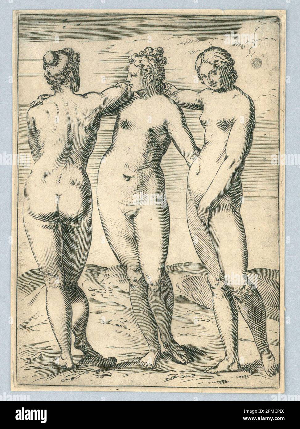 Print, The Three Graces; Print Maker: Agostino Carracci (Italienisch, 1557–1602); Gravur auf Papier; 15,8 x 11,1 cm (6 1/4 x 4 3/8 Zoll); 1896–31-8 Stockfoto