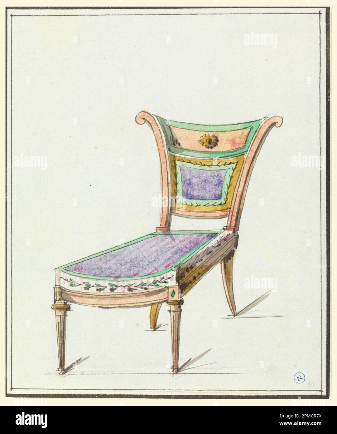 Zeichnung, Entwurf eines Stuhls; möglicherweise von Pierre-Antoine Leboux de La Mésangère (Französisch, 1761-1831); Workshop von Jean Démosthène Dugourc (Französisch, 1749-1825); Frankreich; Pinsel und Aquarell, Grauwäsche, Stift und schwarze Tinte auf weißem Papier; 13,7 x 11,3 cm (5 3/8 x 4 7/16 Zoll) Stockfoto