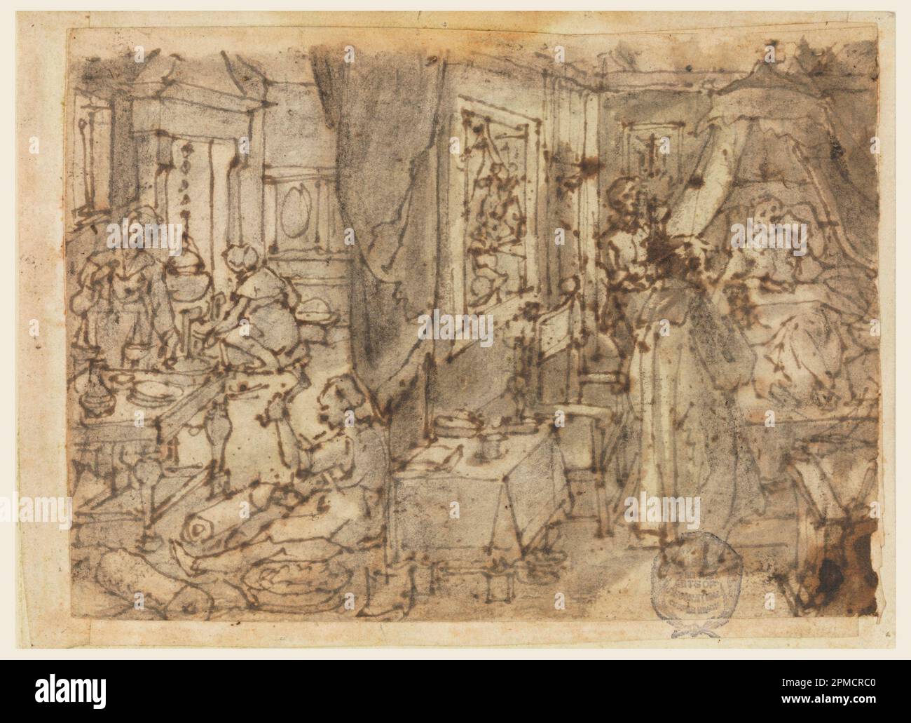 Drawing, The Discovery of Guaiacum as a Cure for Venereal Disease; Jan van der Straet, genannt Stradanus (Flämisch, 1523–1605); Klient: Luigi Alamanni (Italienisch, 1558–1603); Italien; Stift und braune Tinte, Bürste und graubraune Wäsche, schwarze Kreide auf liegendem Papier; 10,6 x 14,5 cm (4 3/16 x 5 11/16 Zoll) Stockfoto