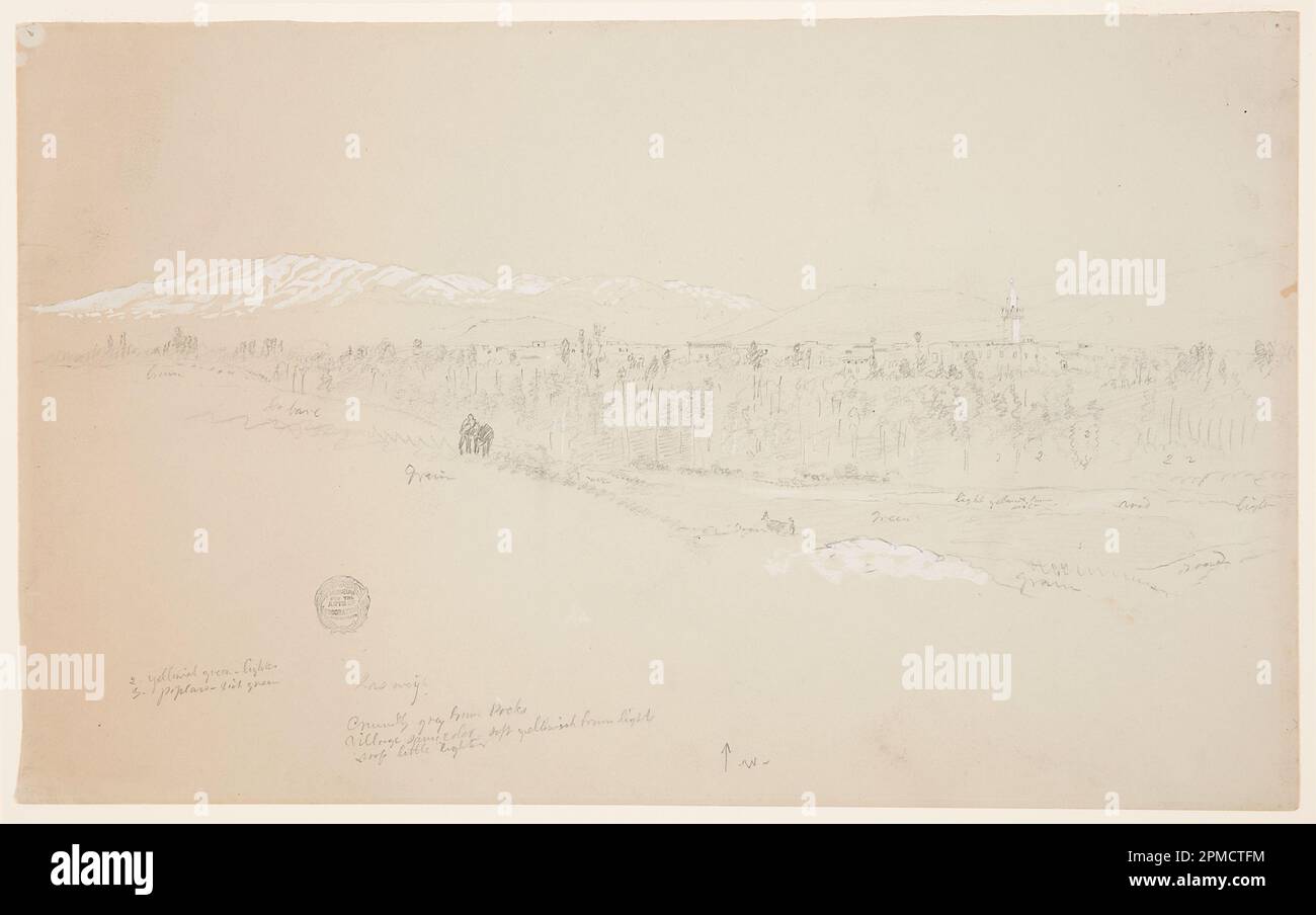Zeichnung, Dorf Kuseiyeh, Libanon in der Ferne; Frederic Edwin Church (amerikanisch, 1826–1900); USA; Graphit, Pinsel und weißer Gouache auf cremefarbenem Papier; 27,6 x 44,5 cm (10 7/8 x 17 1/2 Zoll) Matte: 40,6 x 55,9 cm (16 x 22 Zoll) Stockfoto